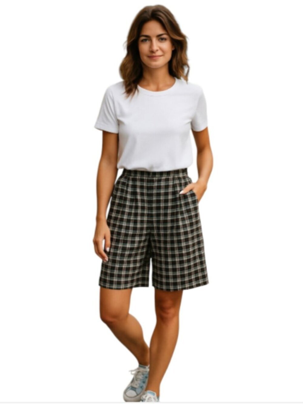 C&A Size 40 Small to Med. Black Plaid Viscose Blend Bermuda Shorts Cuffs Pockets